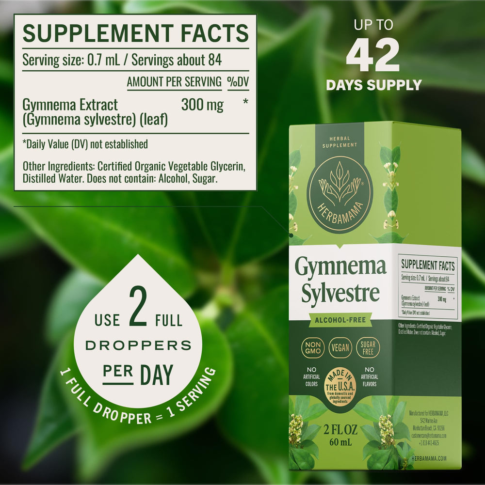 HERBAMAMA Gymnema Sylvestre Drops glass with dropper demonstrates easy daily use.