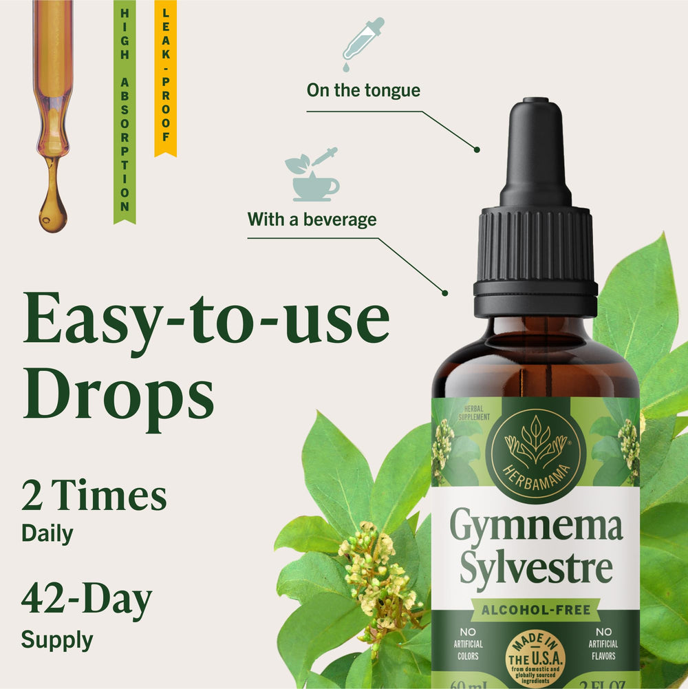 HERBAMAMA Gymnema Sylvestre Drops ingredients closeup emphasize three-ingredient vegan formula.
