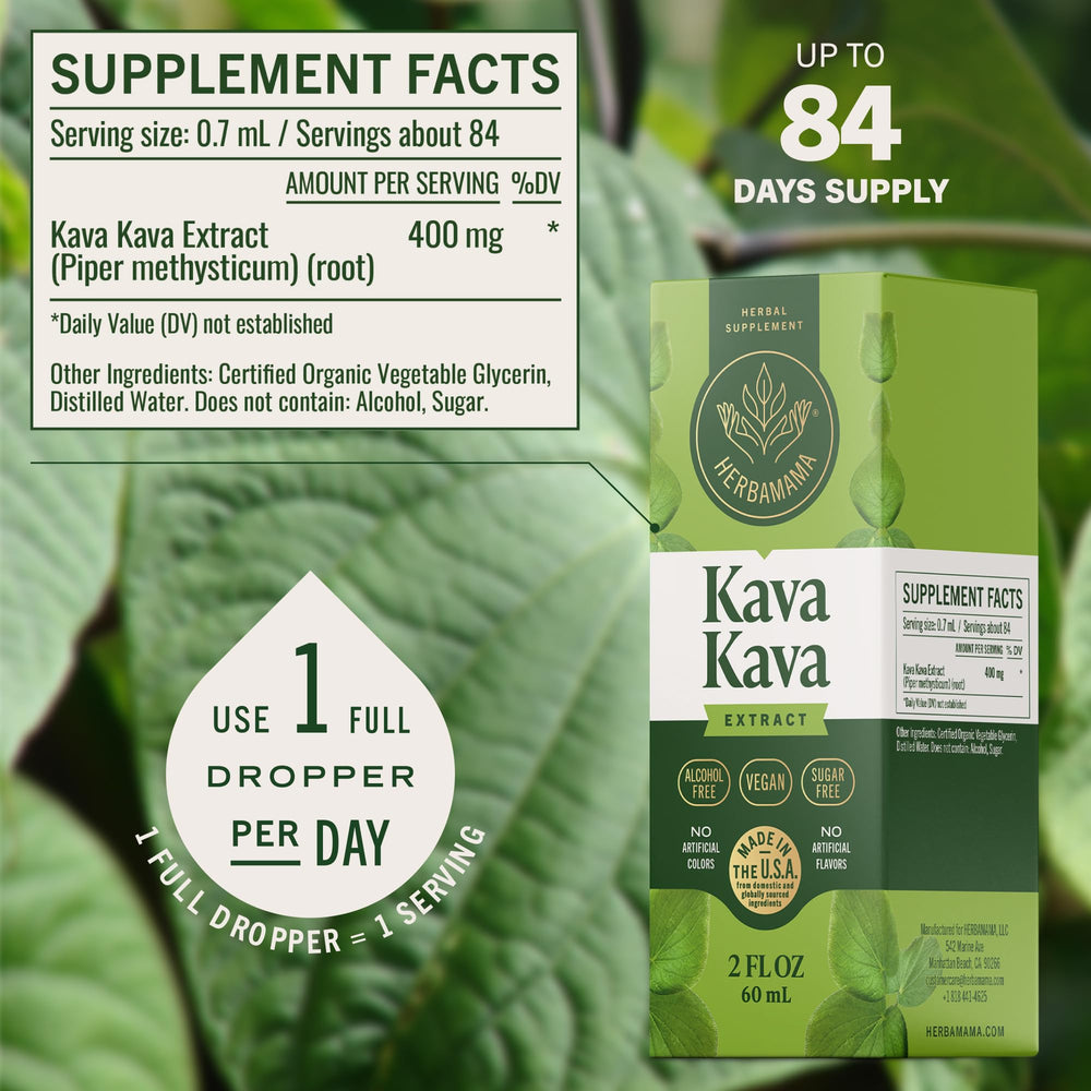 Herbamama Kava Kava Drops liquid closeup showcases glycerin base.