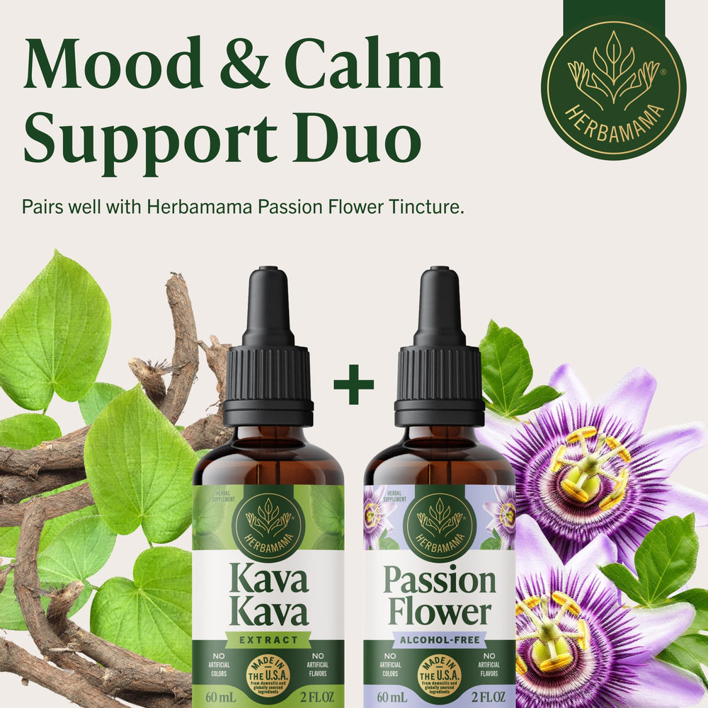 Herbamama Kava Kava Drops vegan non-GMO label signals clean formula.