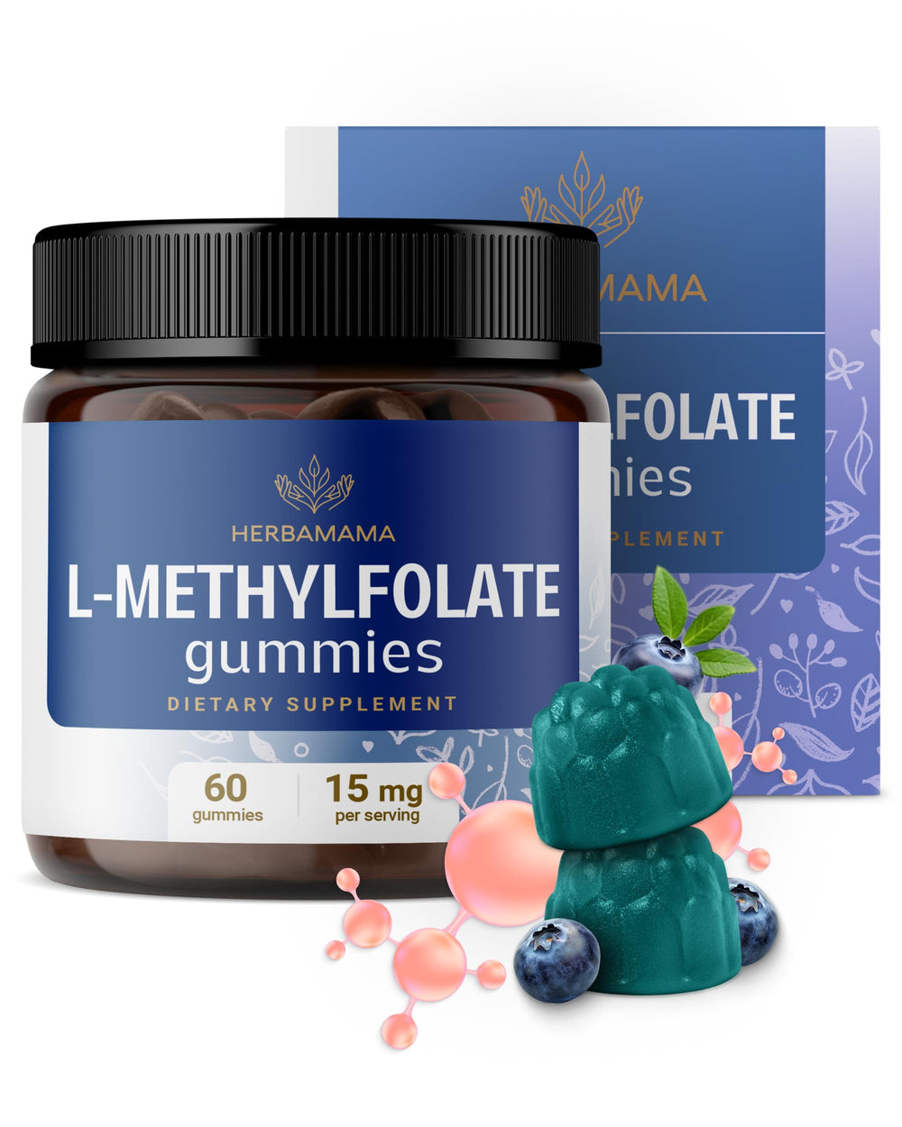 HERBAMAMA L-Methylfolate gummies in a blueberry bottle, showcasing calm daily support.