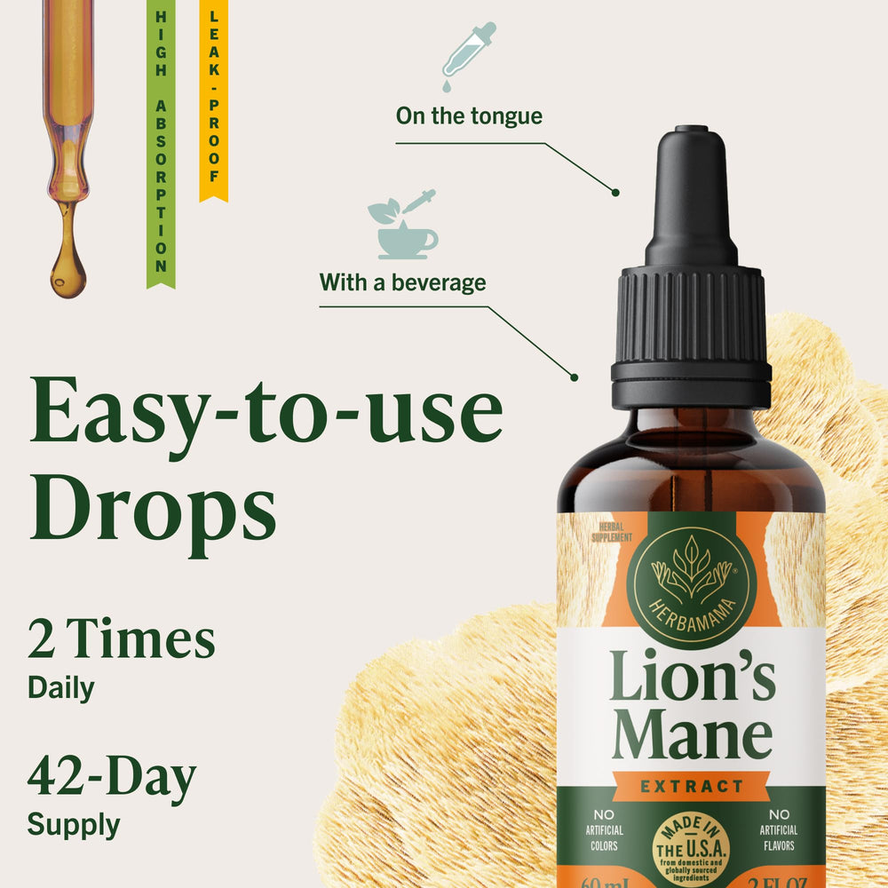 HERBAMAMA Lion's Mane tincture dropper over juice shows convenient twice-daily use
