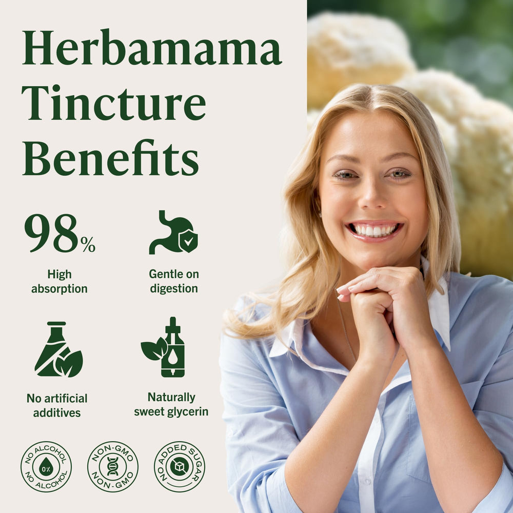 HERBAMAMA Lion's Mane tincture glass with water suggests easy daily dosing
