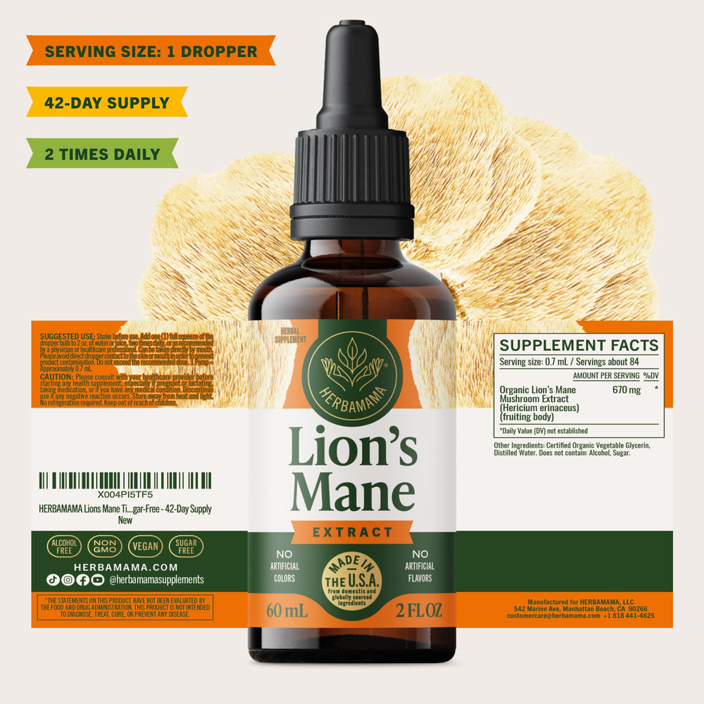 HERBAMAMA Lion's Mane packaging highlights no artificial colors