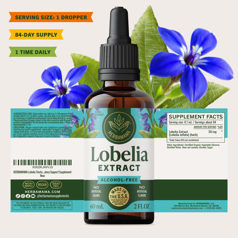 HERBAMAMA Lobelia tincture provides a 28-day supply for routine use.