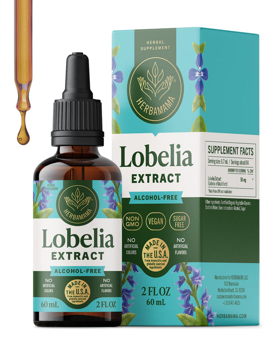 HERBAMAMA Lobelia tincture bottle for vegan lung support.