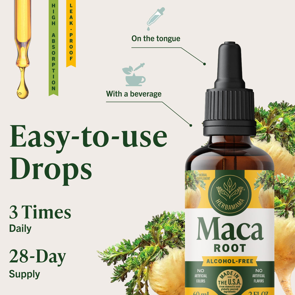 HERBAMAMA Maca tincture ingredient list featuring glycerin and water.
