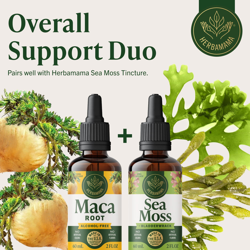 HERBAMAMA Maca liquid in glass bottle illustrates a vegan, non-GMO formula.