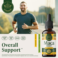HERBAMAMA Maca liquid drops pouring into water for easy daily use.