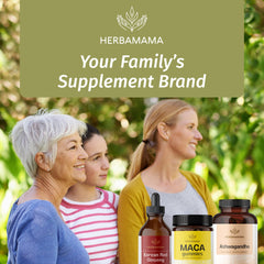 Daily dosage of two chews shown for HERBAMAMA Maca Root Gummies.