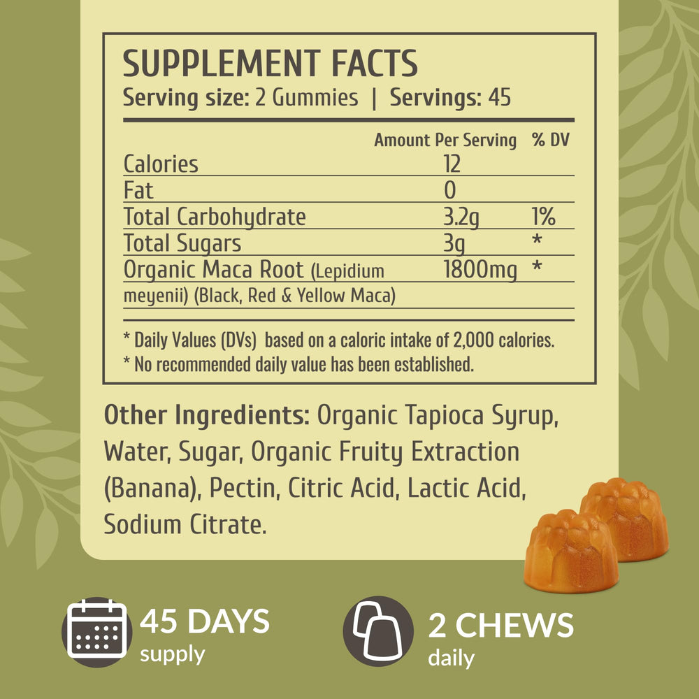 Packaging back of HERBAMAMA Maca Root Gummies shows vegan, non-GMO formula.