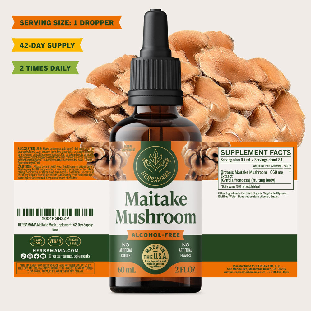 HERBAMAMA Maitake extract bottle on a kitchen shelf