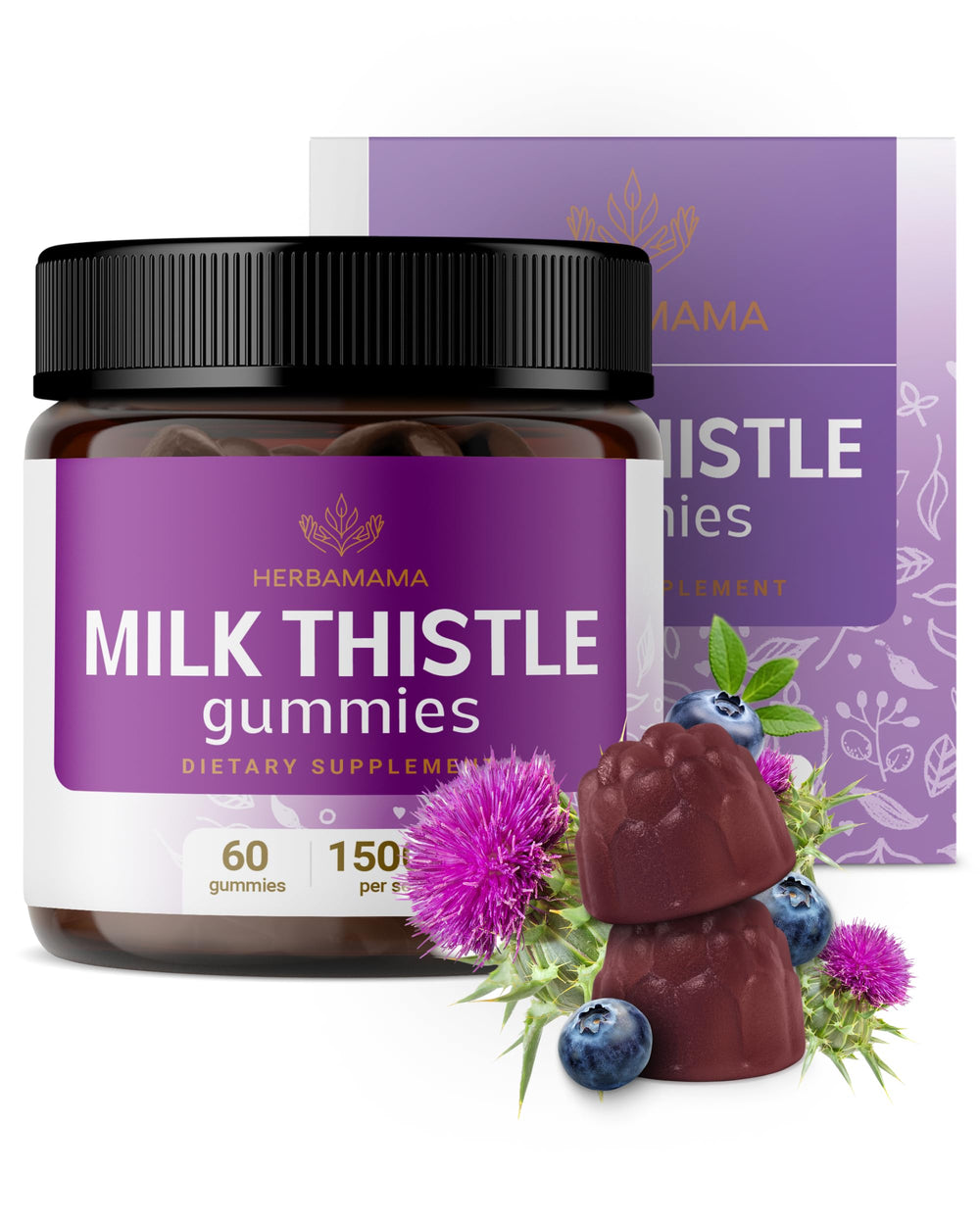 HERBAMAMA Milk Thistle bottle front showing blueberry gummies for vegan liver support