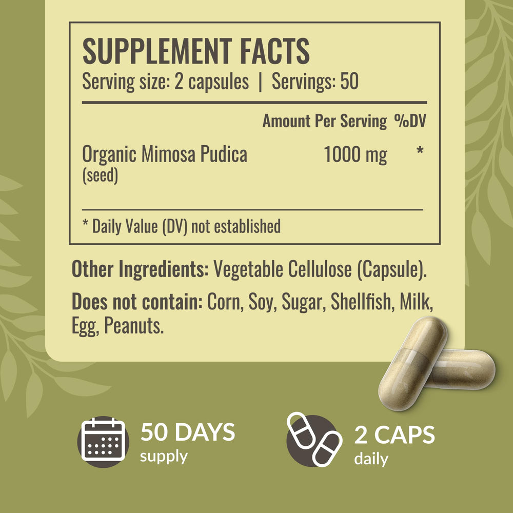 HERBAMAMA Mimosa Pudica seeds powder close-up showcasing simple two-ingredient formula.