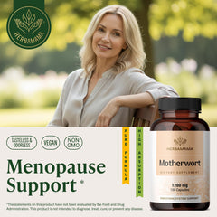 HERBAMAMA Motherwort capsule close-up highlighting a simple two-ingredient formula.