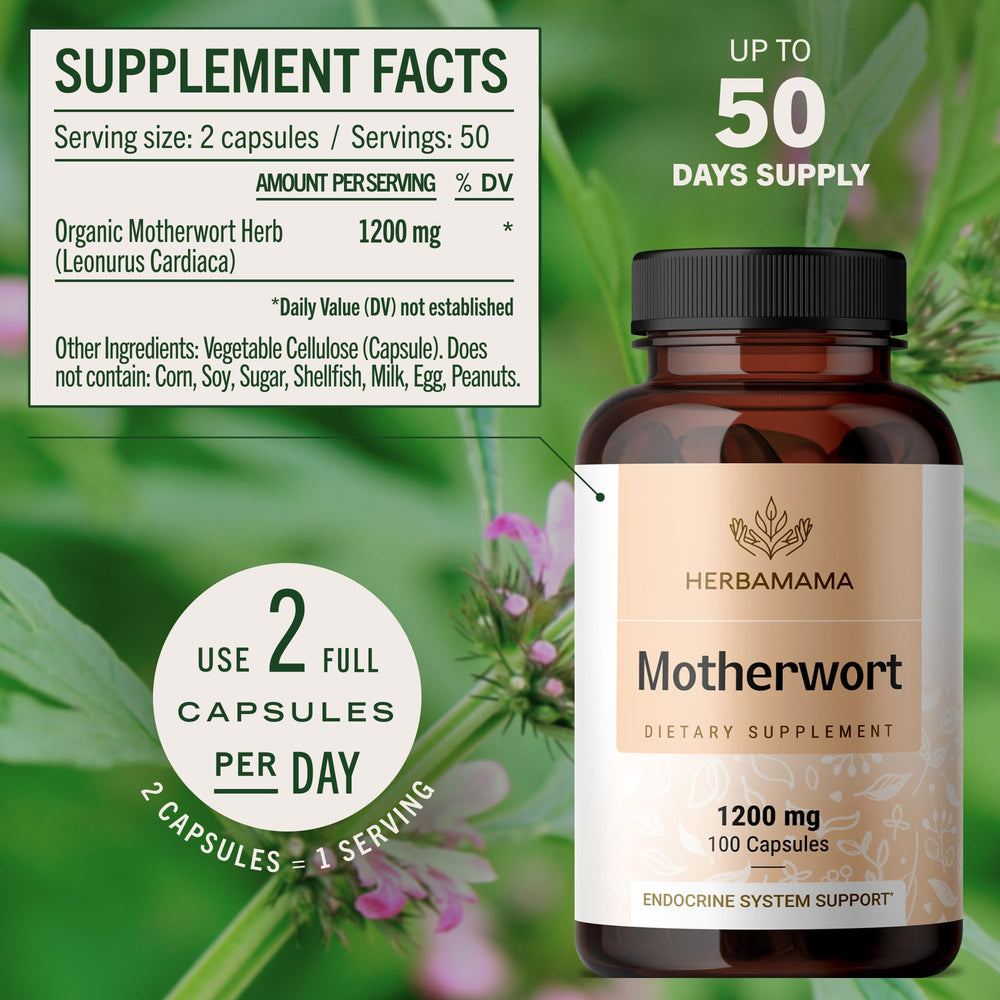HERBAMAMA Motherwort capsules packaging emphasizes vegan and non-GMO.
