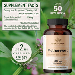 HERBAMAMA Motherwort capsules packaging emphasizes vegan and non-GMO.