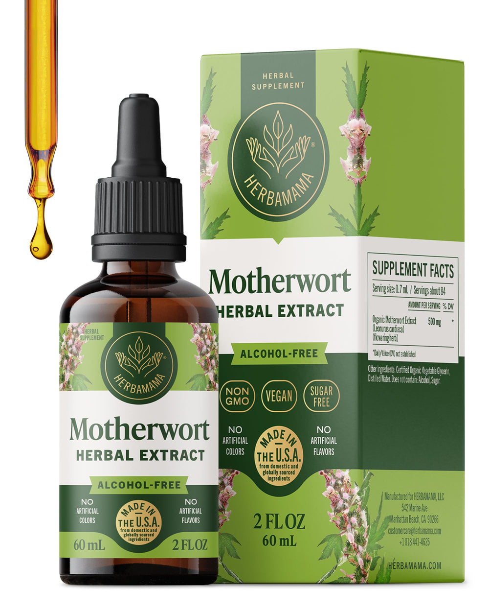 HERBAMAMA Motherwort tincture bottle showing vegan, alcohol-free calm support.