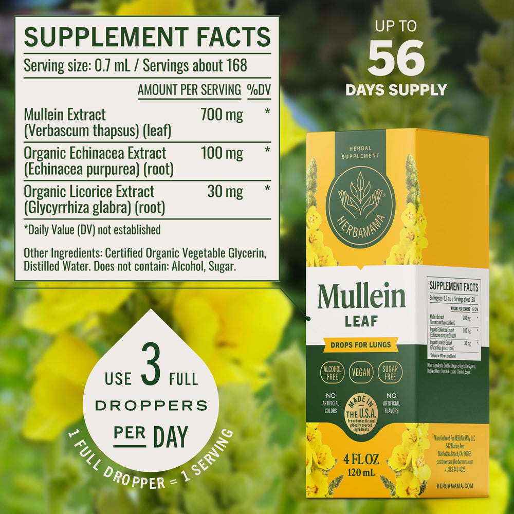 HERBAMAMA Mullein Drops label highlighting non-GMO and alcohol-free formula.