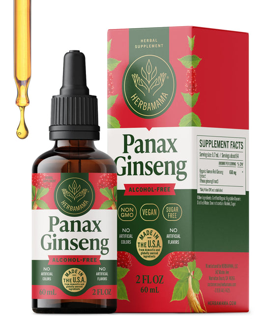 Herbamama Panax ginseng tincture bottle highlights energy-supporting root extract