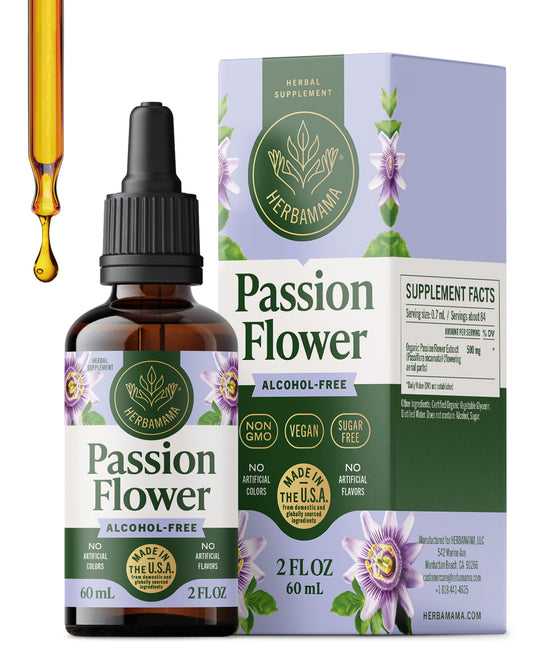 HERBAMAMA Passionflower tincture bottle for vegan mood support.