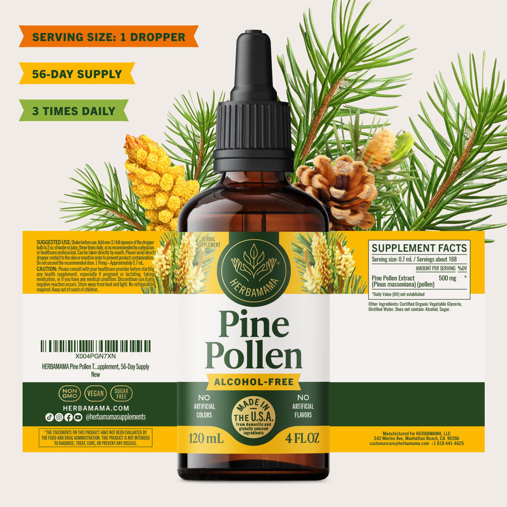 Lifestyle scene with herbs and tea featuring the HERBAMAMA dropper bottle.
