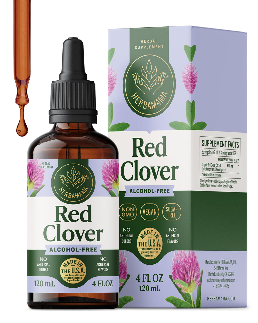 Herbamama Red Clover bottle closeup showing vegan, non-GMO tincture for daily wellness