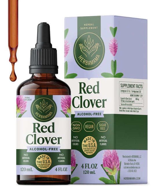 Herbamama Red Clover bottle closeup showing vegan, non-GMO tincture for daily wellness