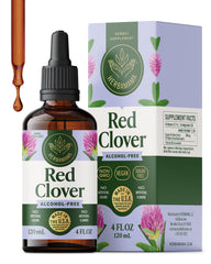 Herbamama Red Clover bottle closeup showing vegan, non-GMO tincture for daily wellness