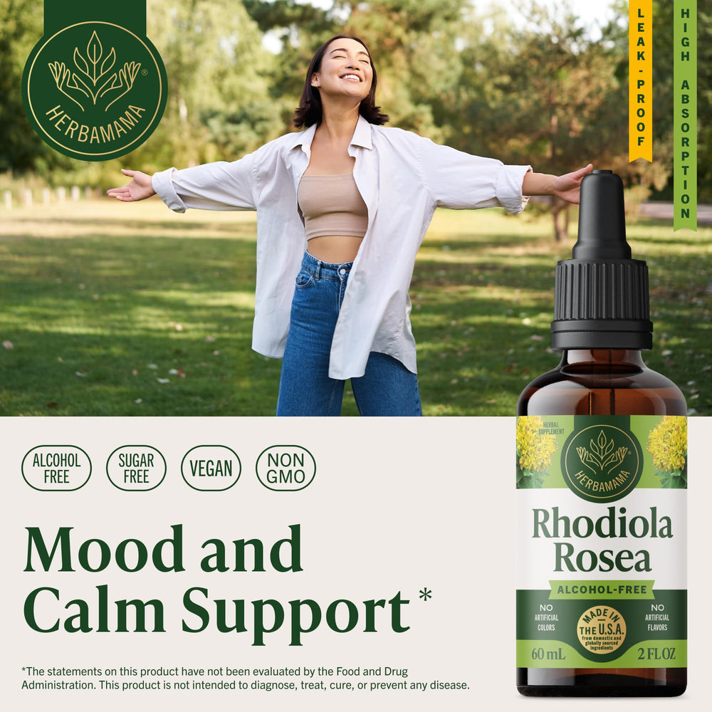 Herbamama Rhodiola tincture dropper being squeezed for quick mood calm delivery