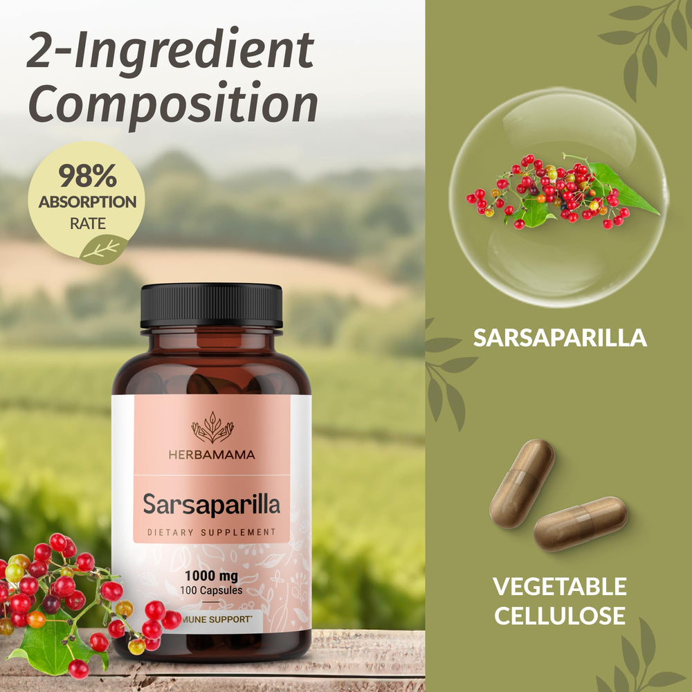 HERBAMAMA Sarsaparilla ingredients display two-ingredient formula.