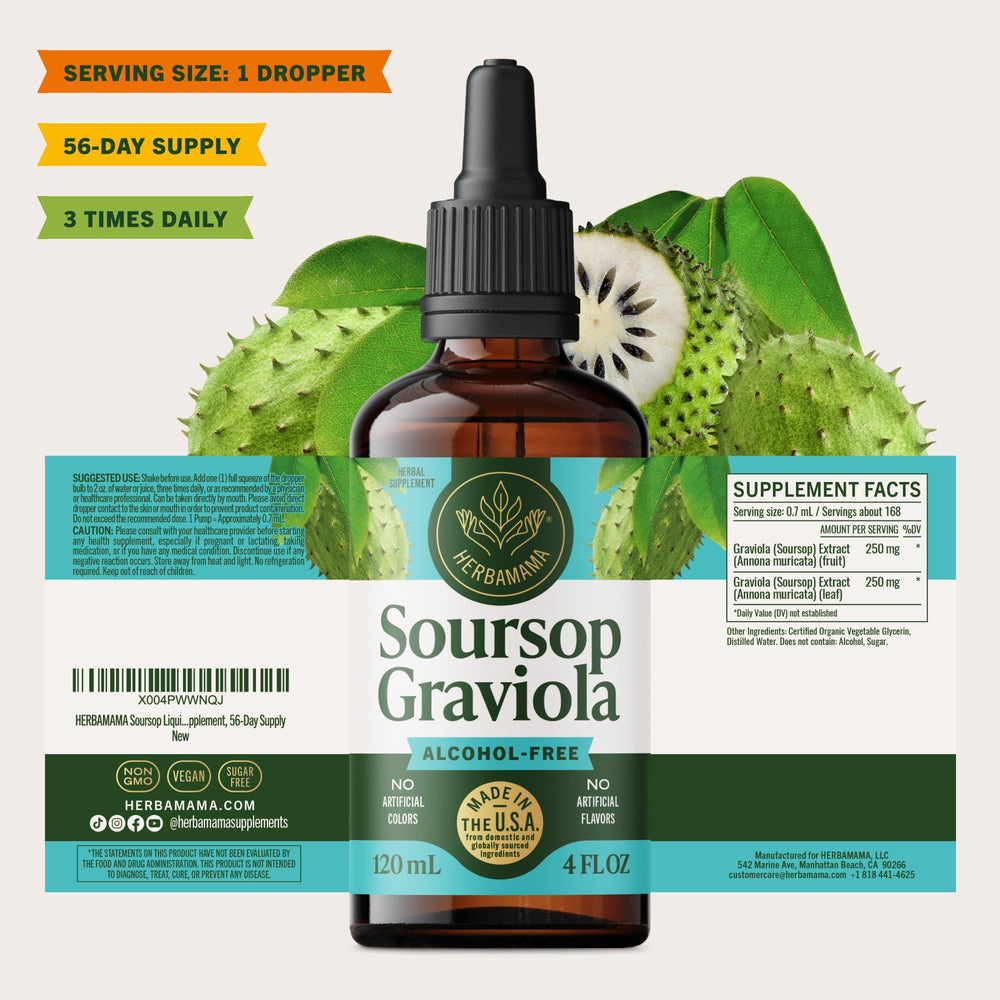 HERBAMAMA Soursop Drops packaging highlighting vegan, alcohol-free design