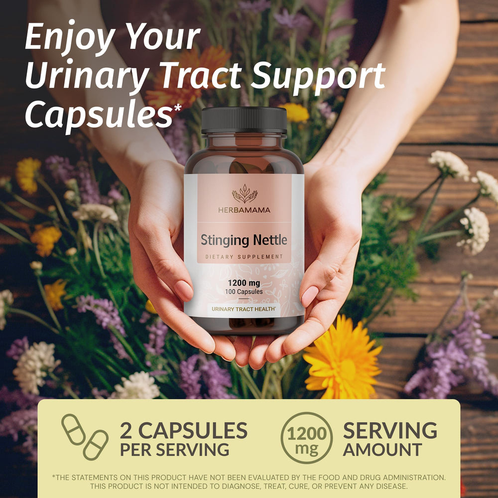 Close-up of Herbamama nettle capsule bottle highlighting simple two-ingredient formula.