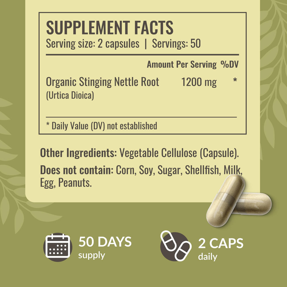 Herbamama nettle capsules label detail showing 1,200 mg nettle root.