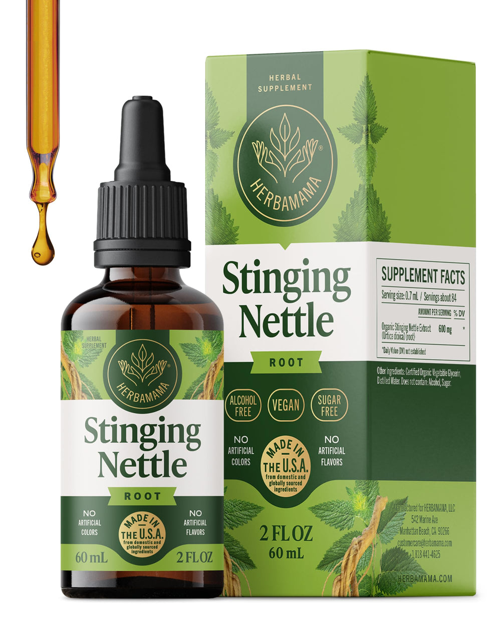HERBAMAMA Stinging Nettle tincture bottle on wood for daily urinary wellness.