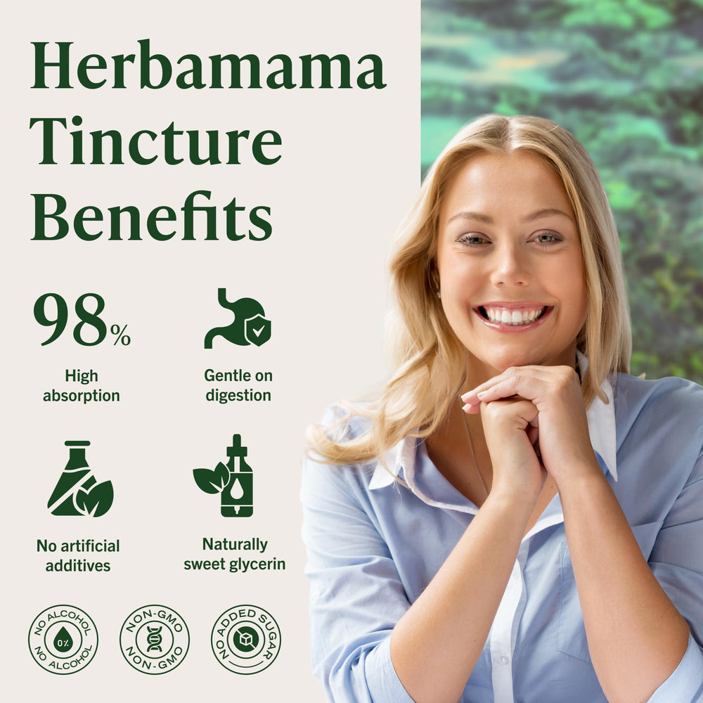 HERBAMAMA tincture label close-up communicates two-herb formula.