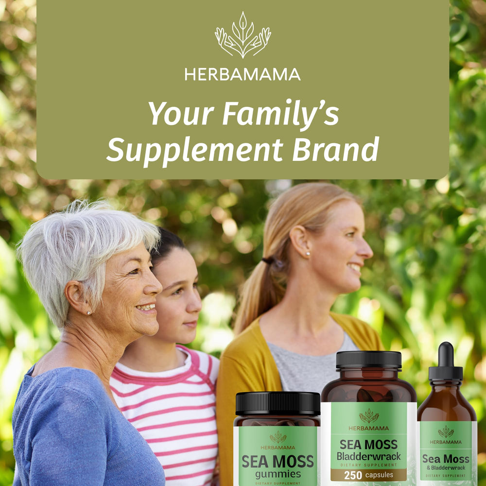 HERBAMAMA travel-friendly bottle with capsules beside tea.