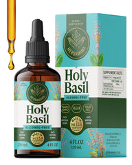 Herbamama Tulsi tincture bottle promoting natural mood support and relaxation