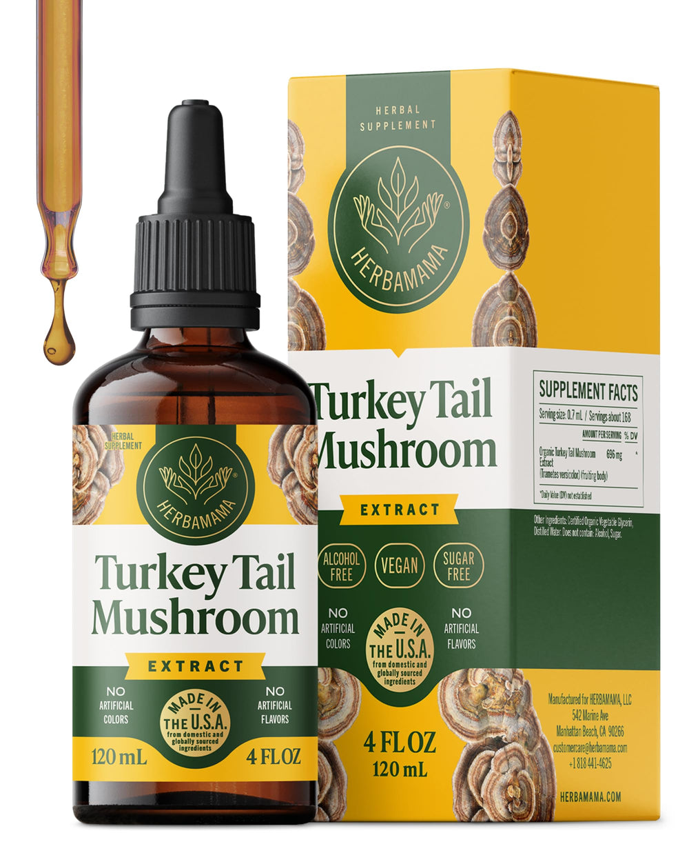 HERBAMAMA Turkey Tail tincture bottle highlights vegan formula and clean labeling for immune wellness.