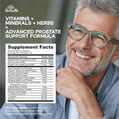 HerbaMe Prostate Support ingredients panel features saw palmetto and zinc.
