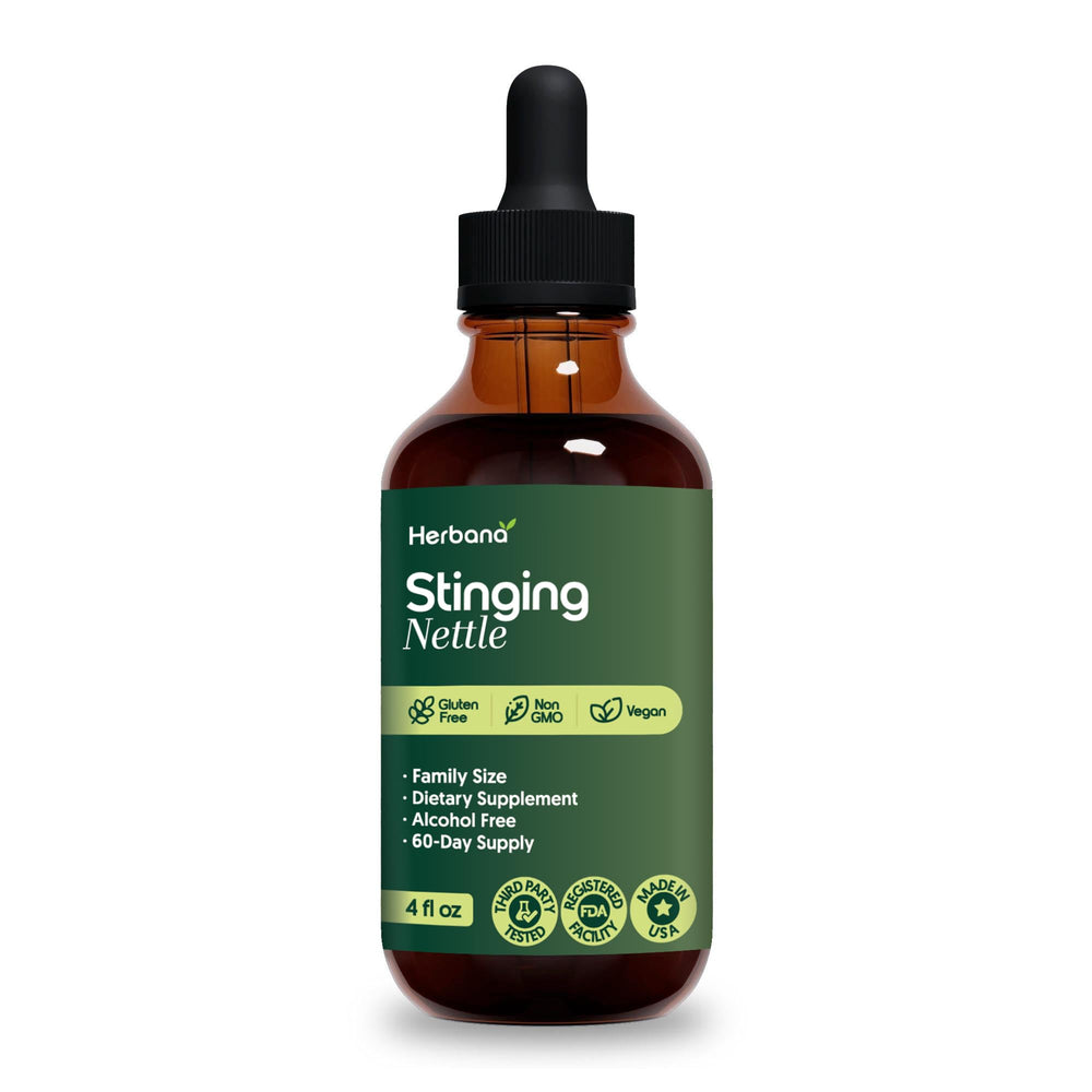HERBANA nettle tincture droplets in glass illustrate measured dosage.
