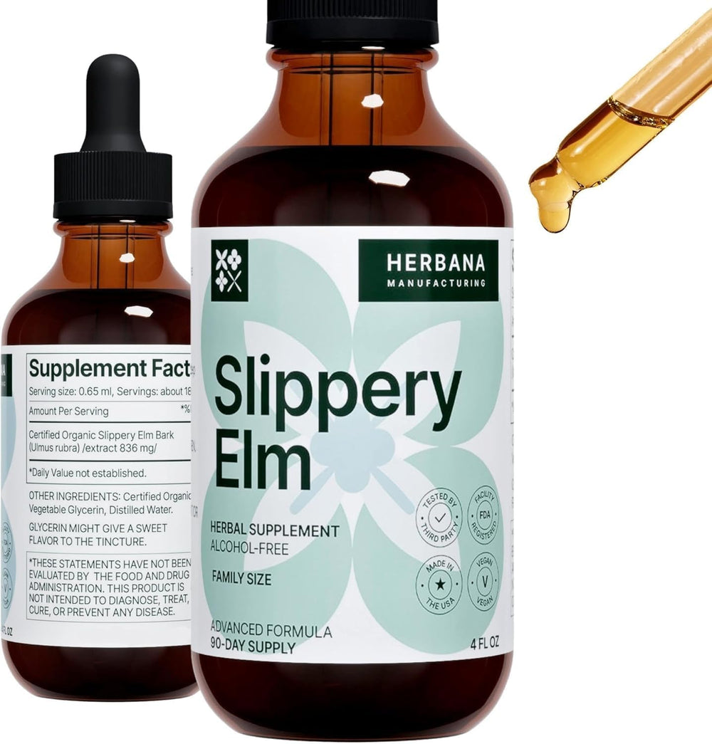HERBANA Slippery Elm Bark Drops bottle pour for easy daily dosing
