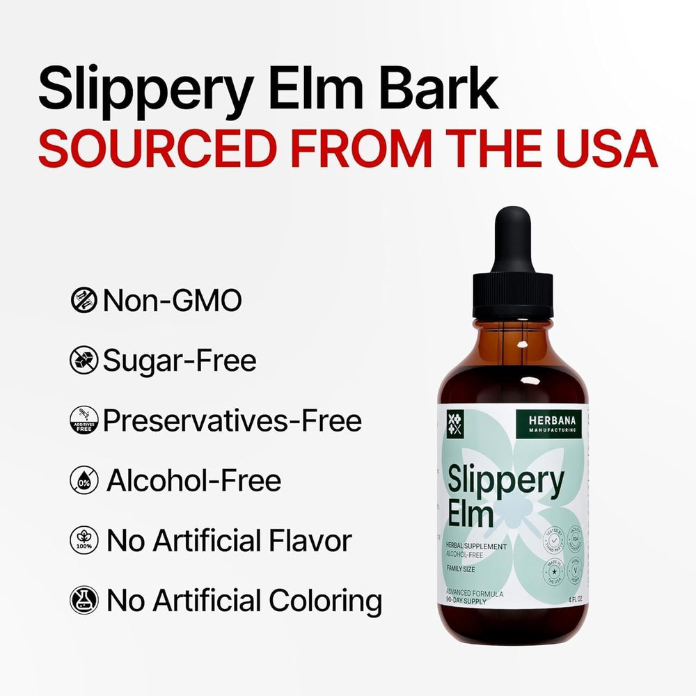 HERBANA Slippery Elm Bark Drops label close-up showing USA-made quality
