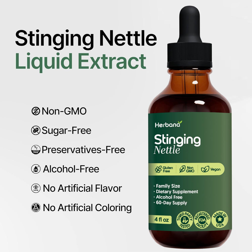 HERBANA Stinging Nettle tincture label and packaging emphasizing organic USA-made quality.