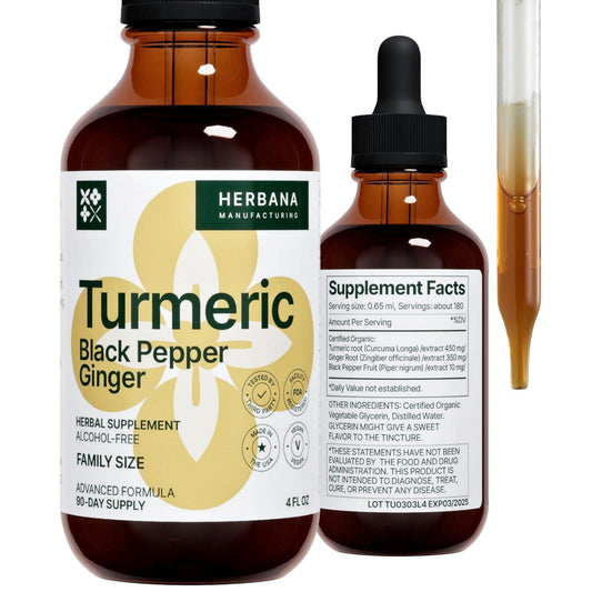 Herbana Turmeric 3-in-1 tincture bottle pour for daily vitality.