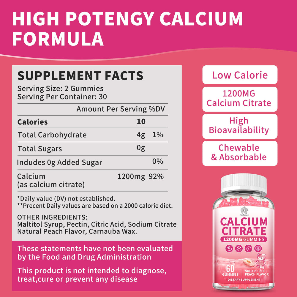 Herbance Calcium Citrate Gummies label confirms gluten-free and dairy-free