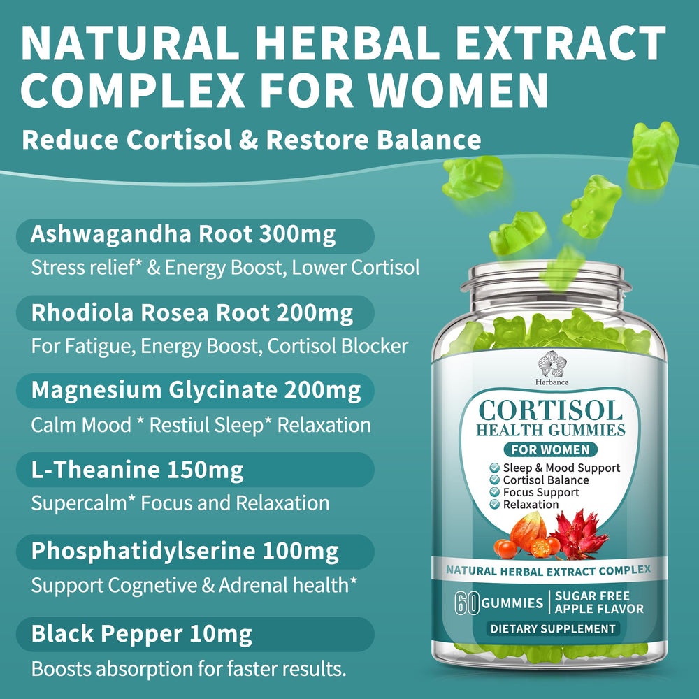 Herbance Cortisol Gummies packaging box shown with bottle for an on-the-go routine