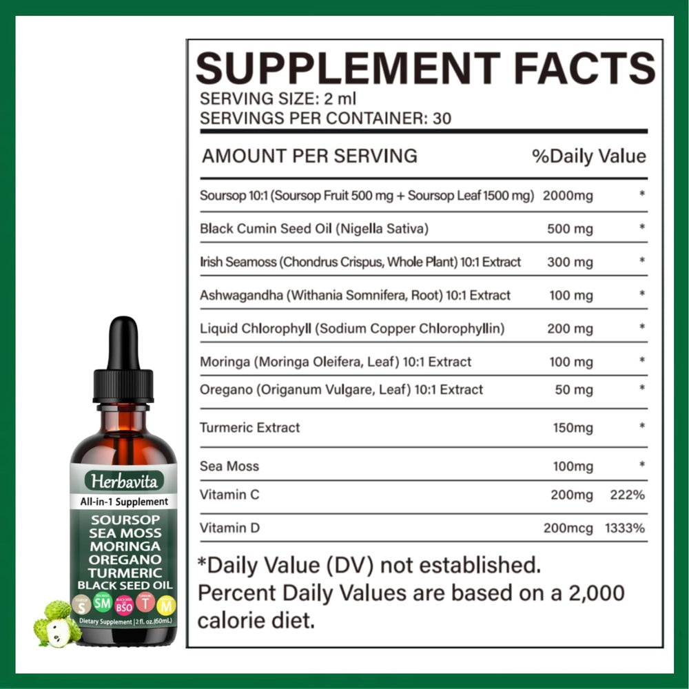 Herbavita Soursop Drops daily-use bottle beside a glass