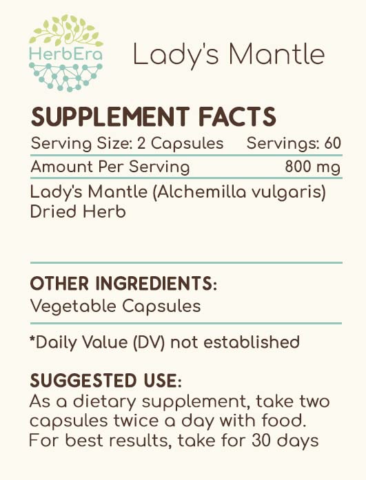 HerbEra Lady's Mantle label detail showing purity and ingredients.