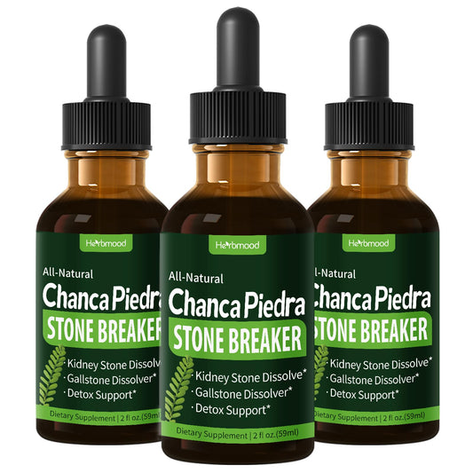 Herbmood Stone Breaker drops bottle pour indicating kidney stone support.